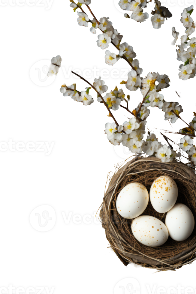 A bird nest with four eggs and a branch with flowers png