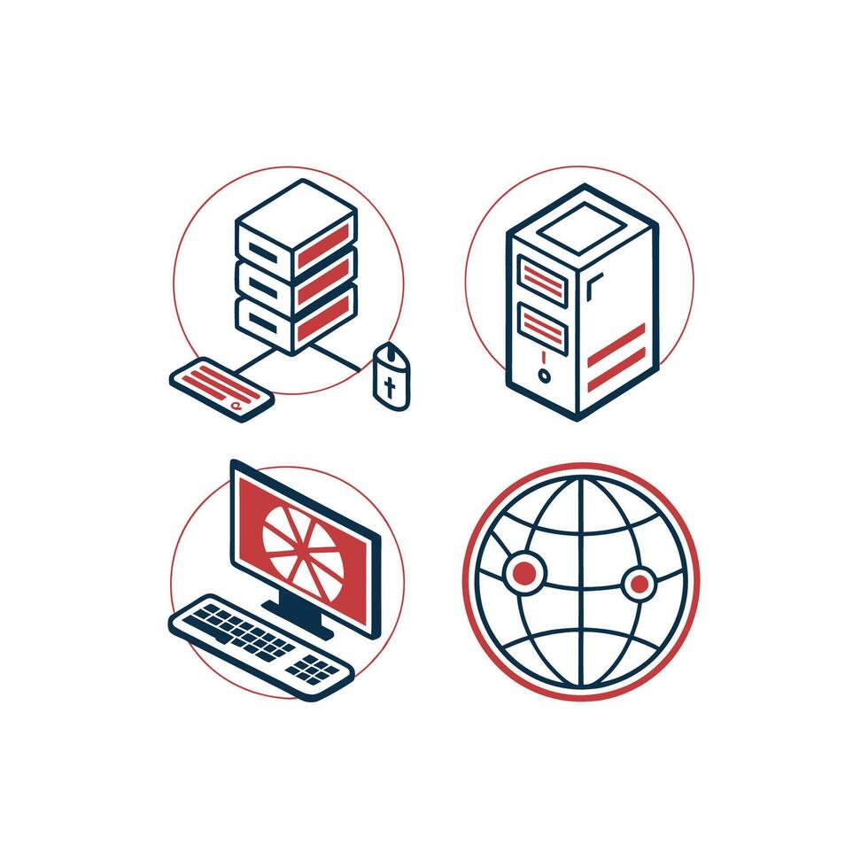Four icons depicting a computer, a globe and a server vector