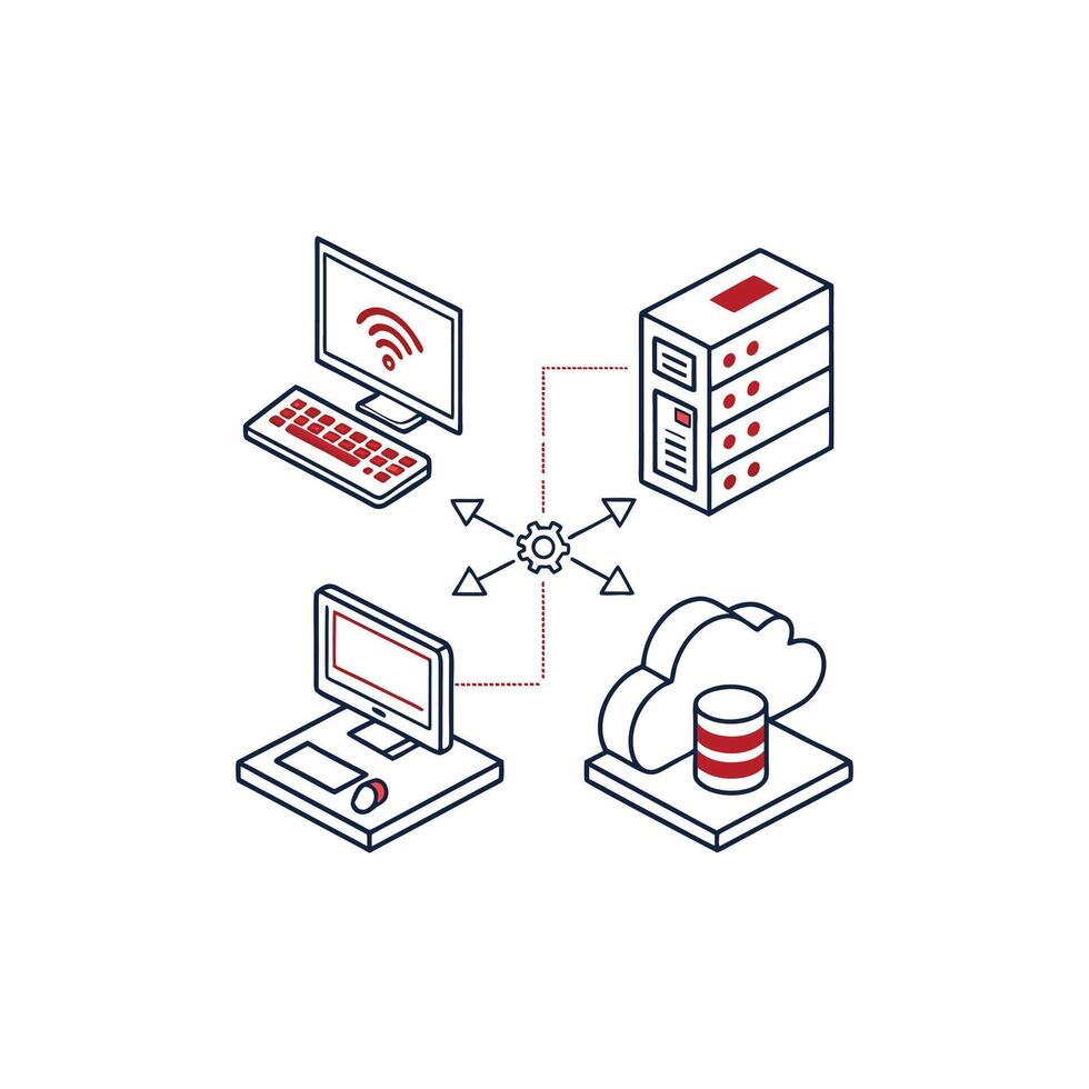 A set of icons depicting a computer, a laptop and a server vector