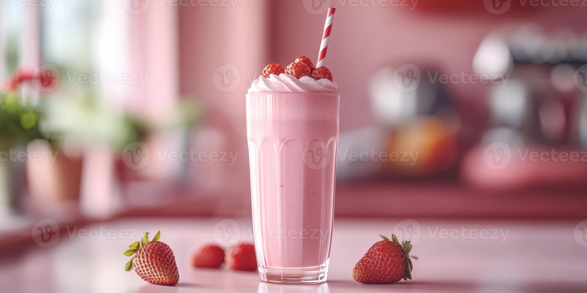 Strawberry milkshake topped with whipped cream and berries in a cozy kitchen setting photo