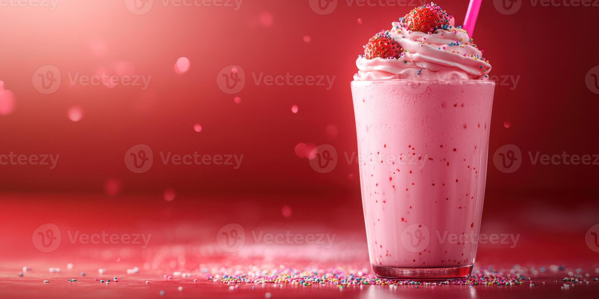 Creamy strawberry shake topped with whipped cream and sprinkles against a vibrant red background photo