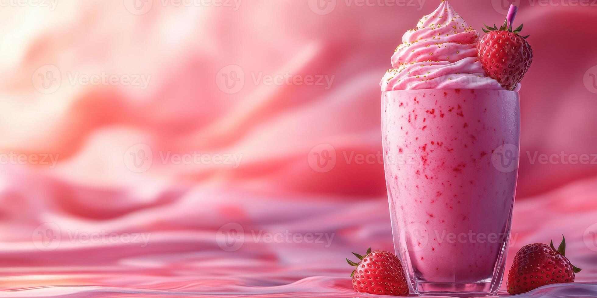 Delicious strawberry cream shake served in a glass with fresh strawberries on a pink background photo