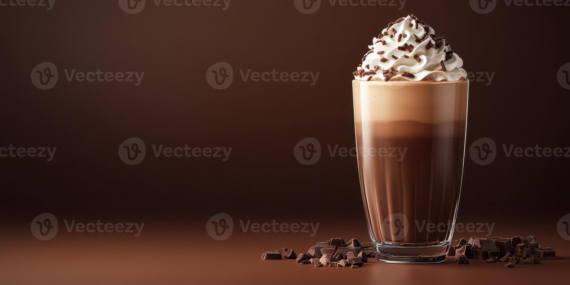 Delicious creamy chocolate drink topped with whipped cream and cocoa on a dark background photo