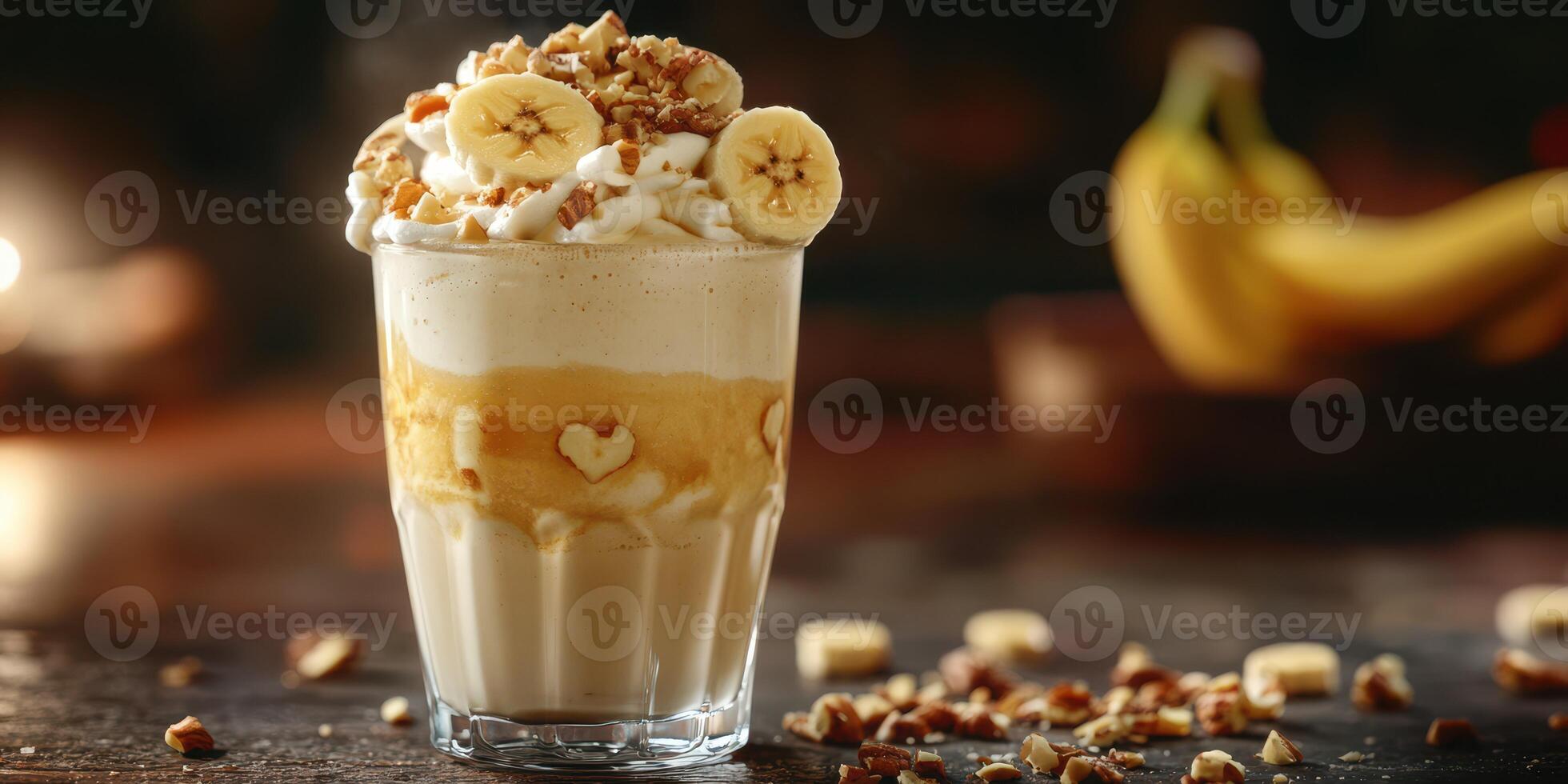 Creamy banana dessert topped with whipped cream and nuts served in a glass in a cozy setting photo