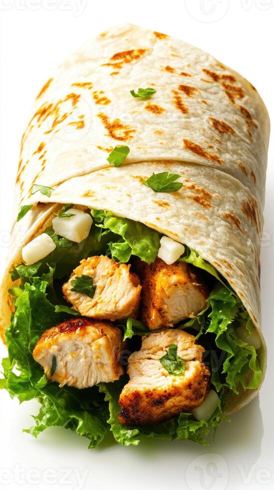 Fresh chicken wrap with lettuce and herbs showcasing vibrant colors and textures for a healthy meal option photo