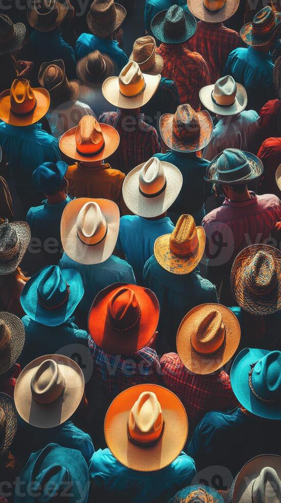 Crowd of individuals wearing various hats at an outdoor event in a sunlit setting, showcasing vibrant colors and unique styles photo