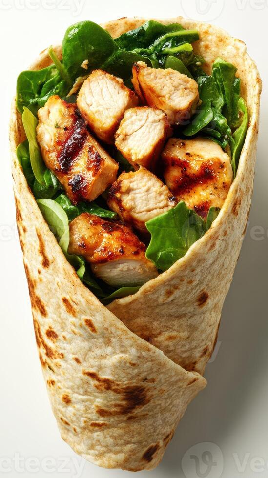 Grilled chicken wrap with fresh spinach and herbs at a dining table photo