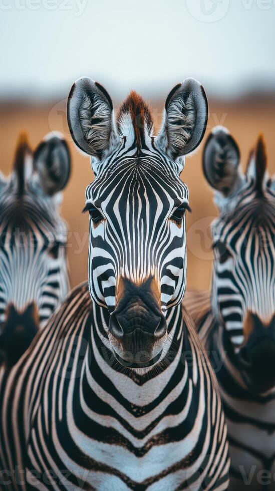 Zebra herd standing closely together in the savannah during twilight with a soft, blurred background photo