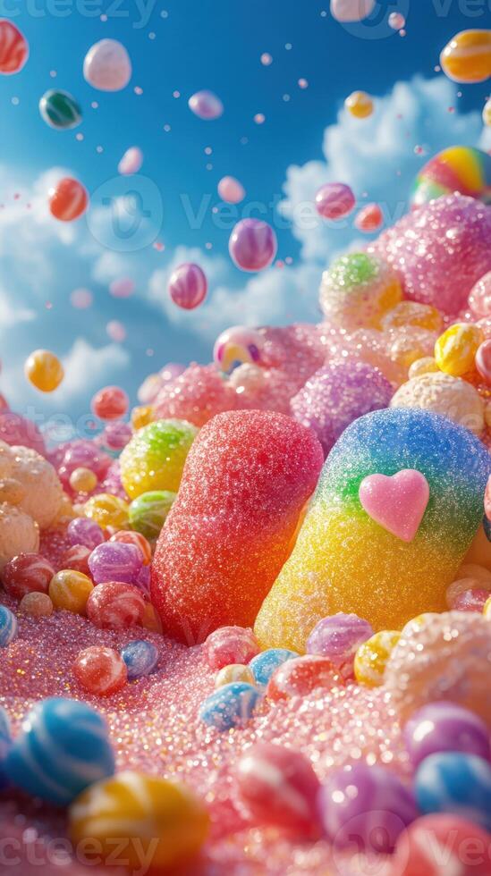 Colorful candy landscape with pastel sweets under bright blue sky and fluffy clouds photo
