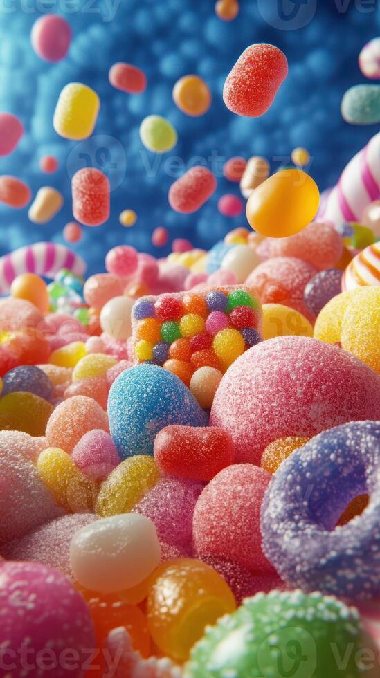 Colorful assortment of candies creates a vibrant display of sweetness and delight in a whimsical setting photo