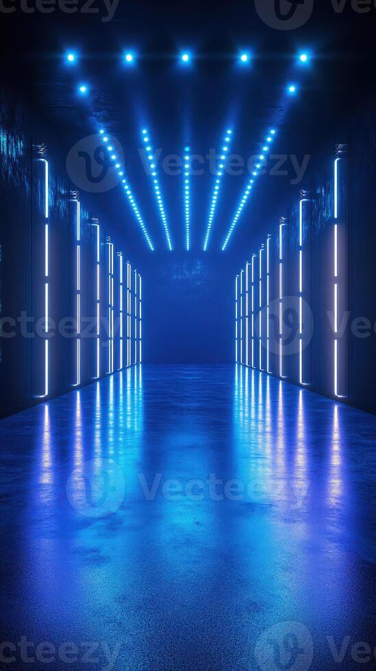 Dramatic blue-lit corridor with glowing lights creating a futuristic atmosphere at night photo