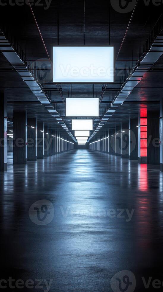 Brightly illuminated underground parking structure with an endless corridor design photo