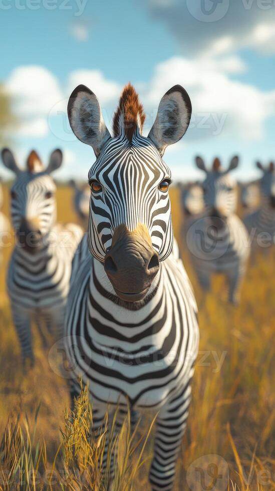 Zebras gather in golden grasslands during a sunny afternoon in the savanna photo