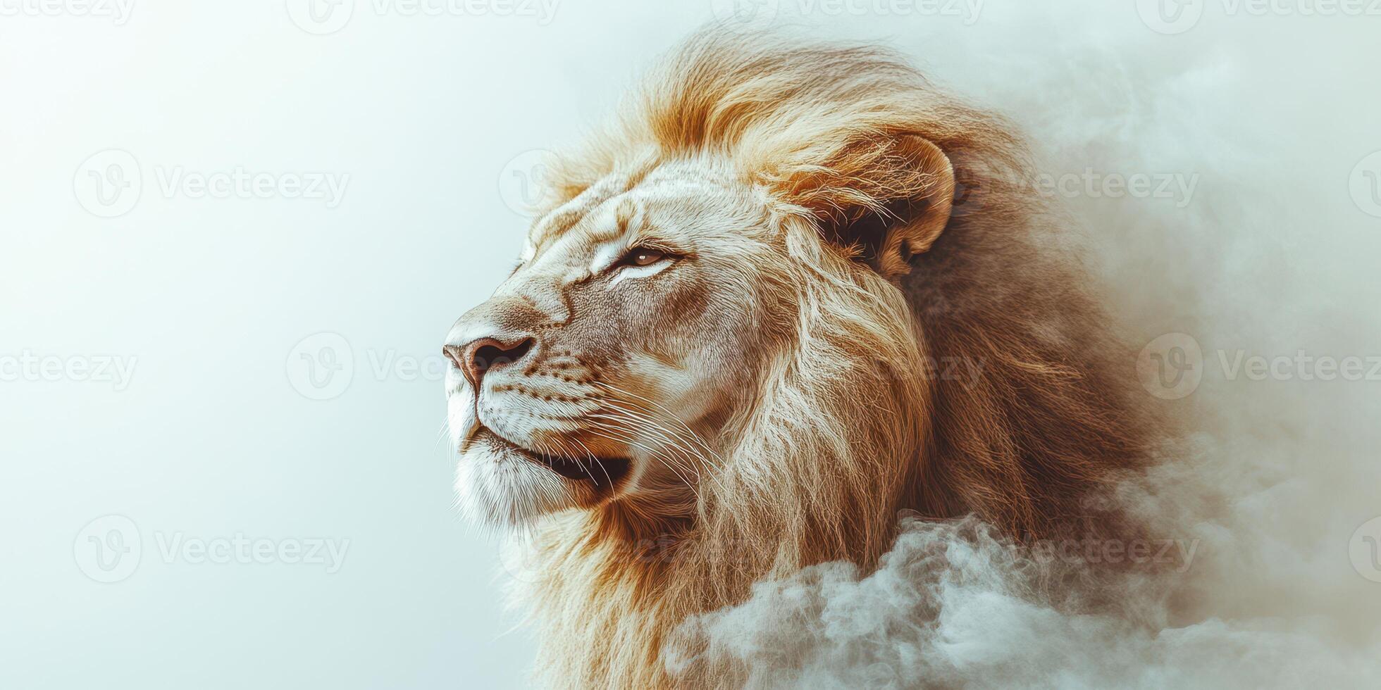 Majestic lion with flowing mane stands proudly amidst soft clouds at sunset in the savannah photo