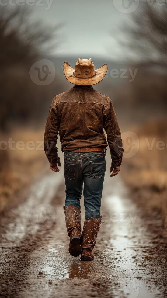 Cowboy walks down muddy rural path surrounded by muted landscape during overcast afternoon photo