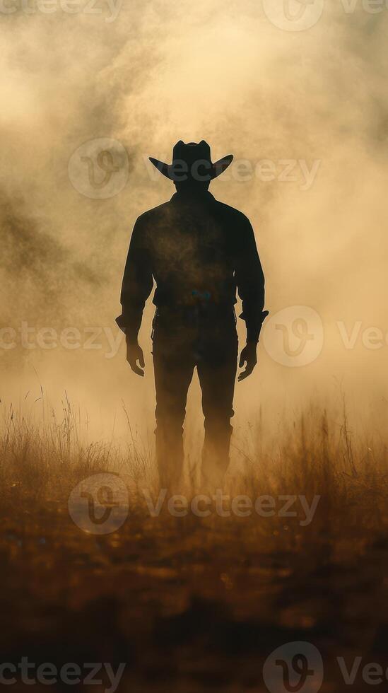 Cowboy silhouette walks through dusty landscape at sunset with dramatic lighting and atmospheric fog photo