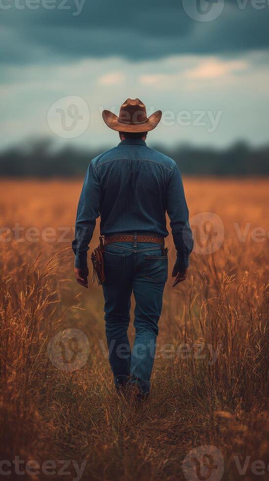 Cowboy walks through golden field under overcast skies during late afternoon stroll photo