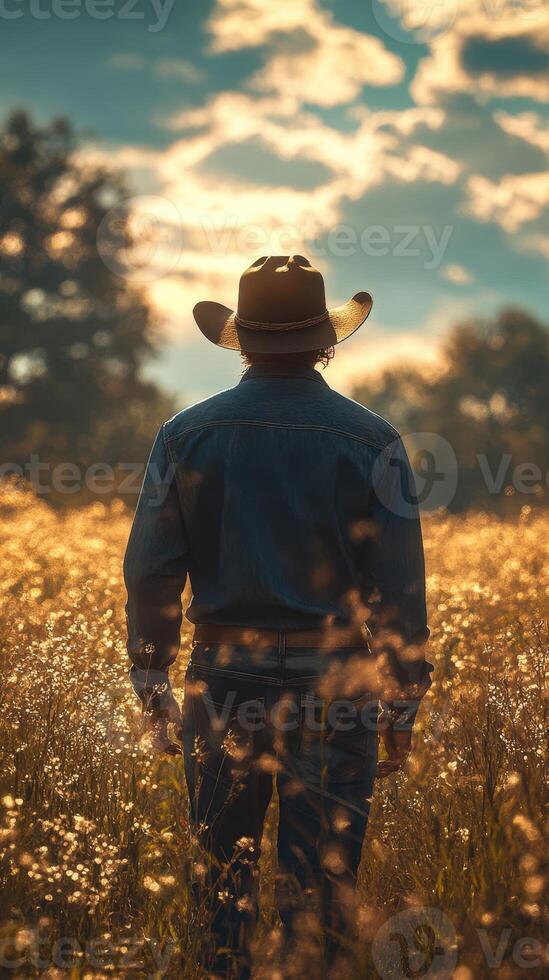 Cowboy enjoys sunset in golden field while reflecting on a peaceful day in nature photo