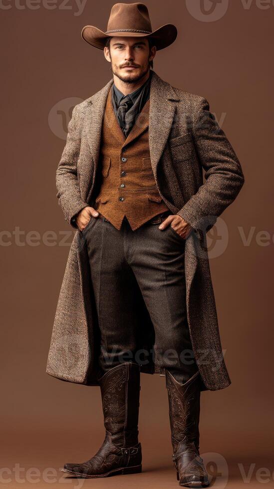 Stylish cowboy in vintage attire poses confidently against a warm backdrop photo