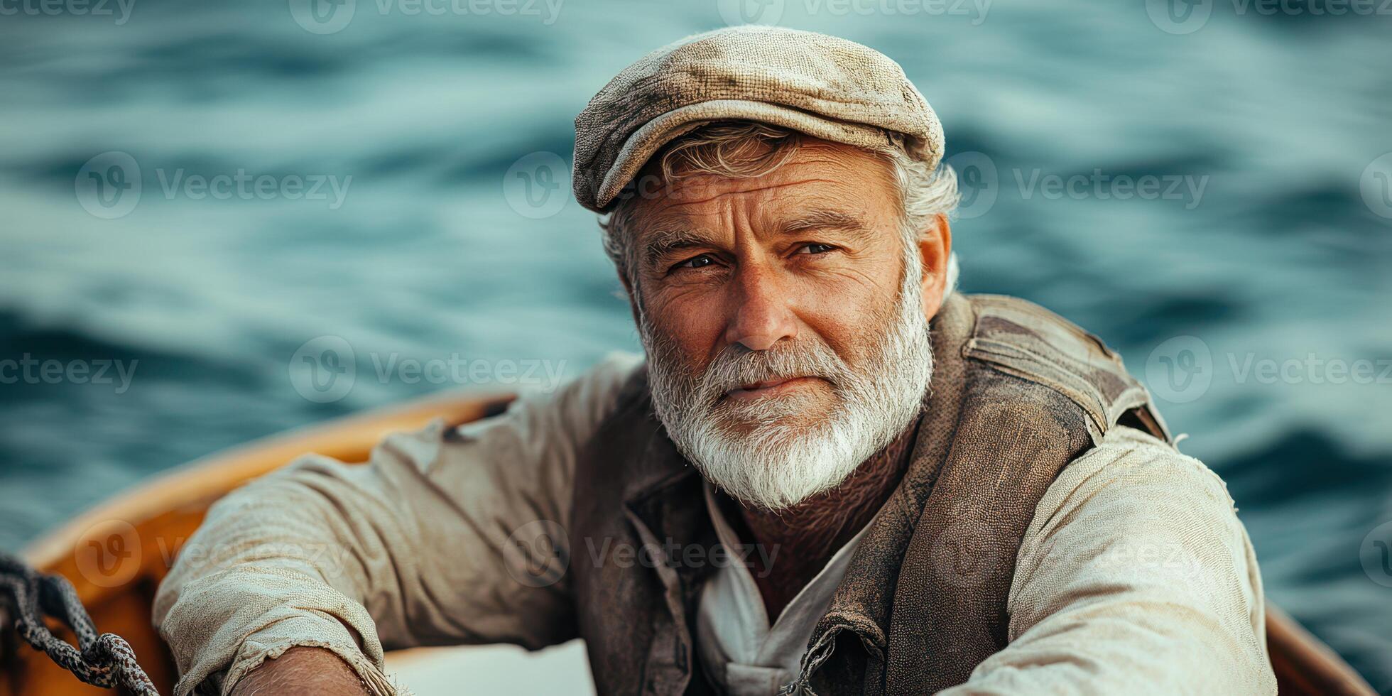 Portrait of an elderly fisherman in a wooden boat against a serene sea background during daylight hours photo