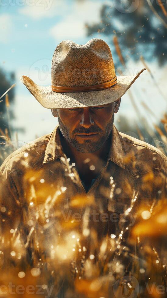 Man in a straw hat looking down in a golden field on a sunny day, capturing the essence of rural life and nature's beauty photo