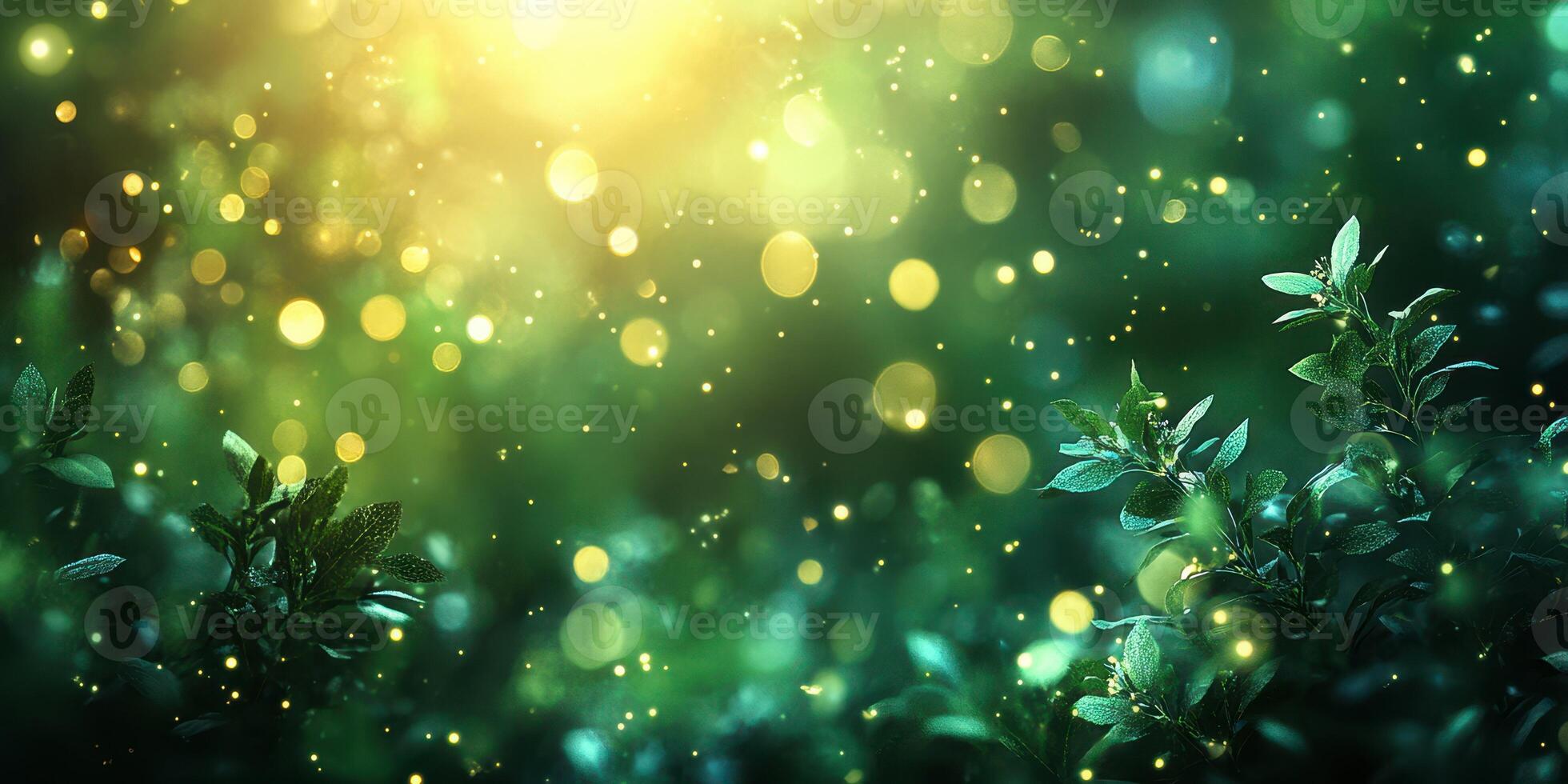 Beautiful natural green background with glowing particles and soft lighting effects in a serene garden setting photo