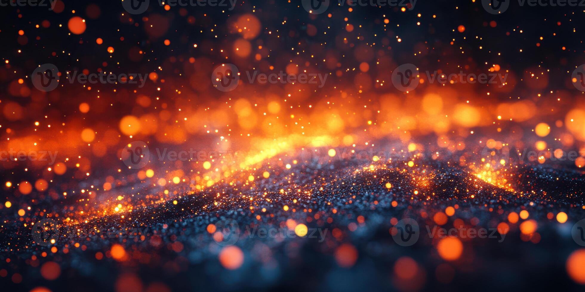 Sparkling particles illuminate a dark landscape resembling a cosmic scene with vibrant warmth and mystery photo