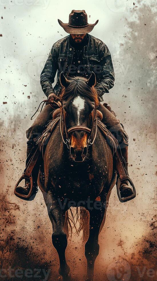Horseback rider in action surrounded by dust and debris in a dramatic landscape photo