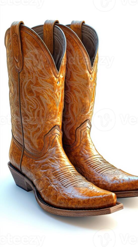 Classic brown leather cowboy boots with detailed stitching displayed on a plain background photo