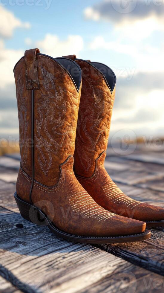 Brown cowboy boots resting on weathered wooden deck under a partly cloudy sky in an outdoor setting photo
