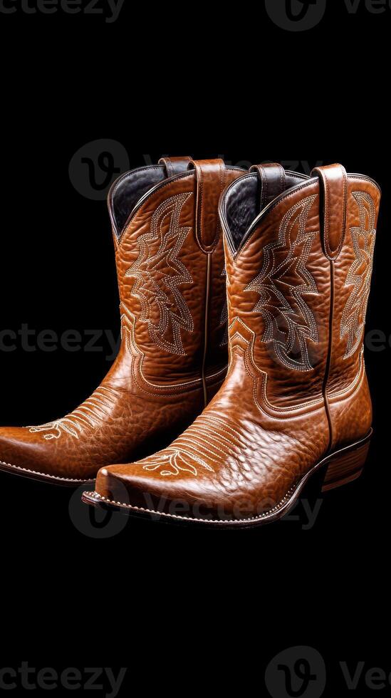 Stylish brown cowboy boots showcasing intricate leather detailing and elegant design features photo