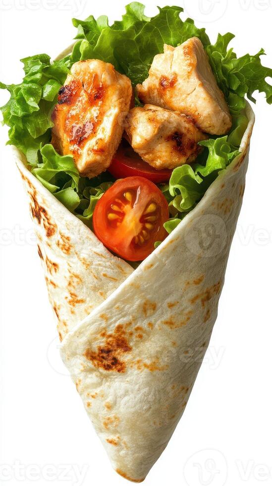 Delicious grilled chicken wrap filled with fresh lettuce and cherry tomatoes in a toasted tortilla shell photo