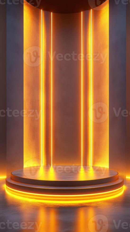 Stylish illuminated stage with warm orange lights set against a sleek background designed for presentations and performances photo