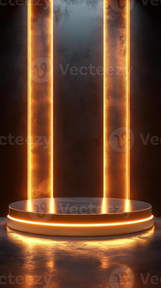 Modern stage setup with warm lighting and sleek design for events and presentations photo