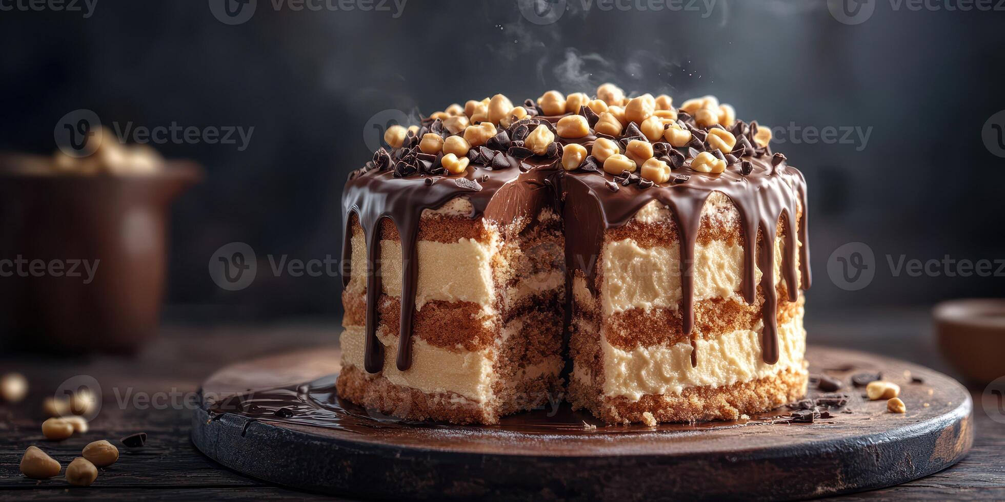 Delicious layered cake with creamy frosting and chocolate glaze showcased in a rustic setting photo