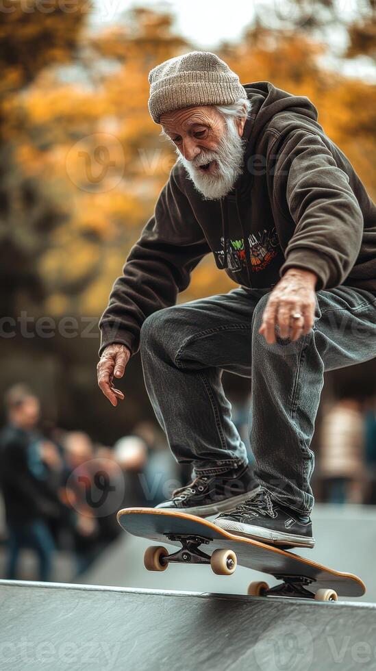 Older man skateboarding at a park during autumn, showcasing skill and passion for the sport photo