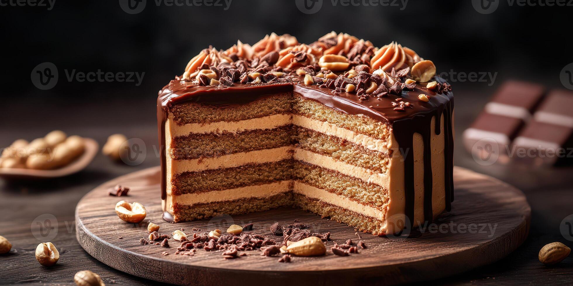 Delicious cake with chocolate frosting and coffee layers displayed on a wooden board surrounded by nuts and chocolate pieces photo