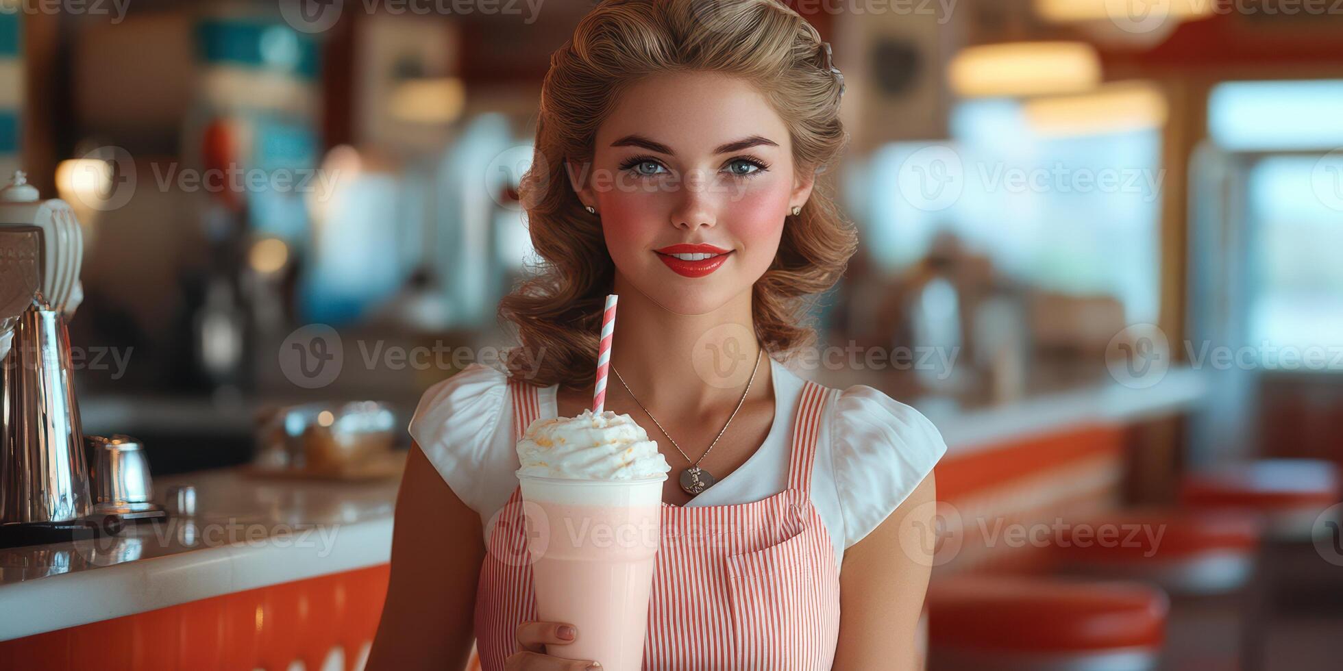 Young woman enjoys a milkshake at a retro diner during the afternoon with bright decor photo