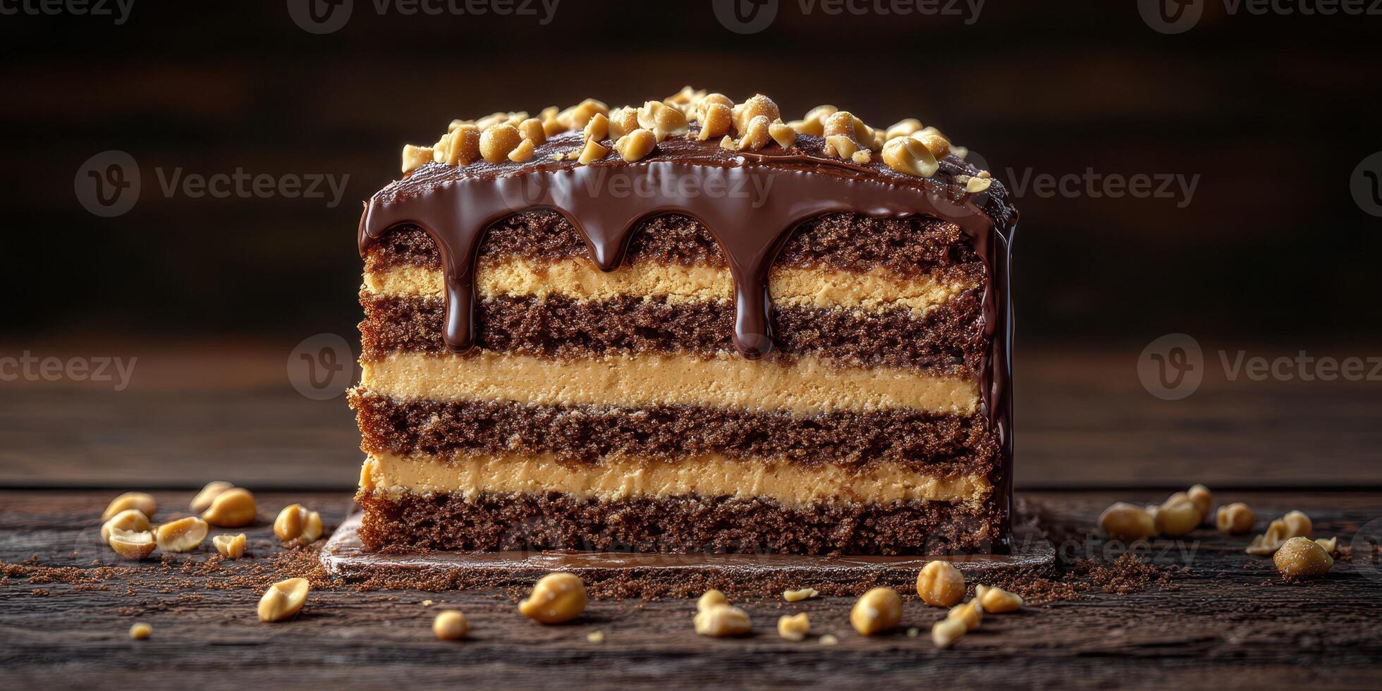 Delicious chocolate-layered cake with peanut topping displayed on a wooden table setting perfect for dessert lovers photo