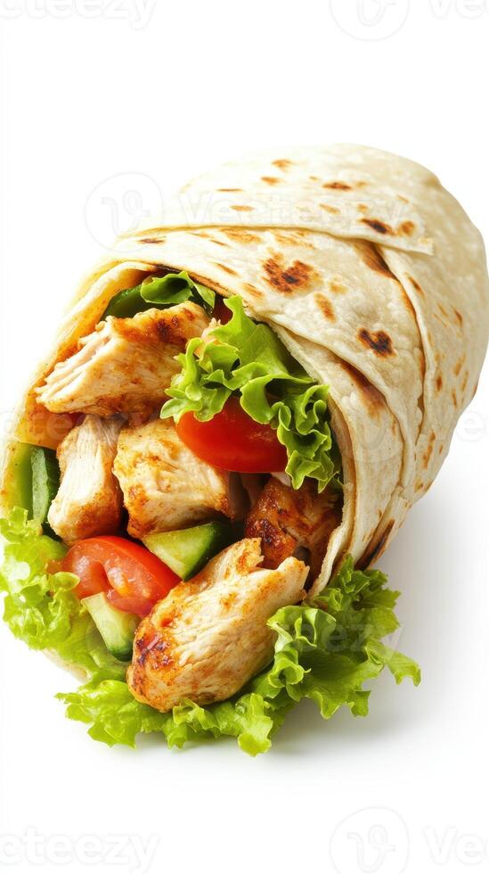 Delicious chicken wrap featuring fresh vegetables and tortilla, perfect for a quick meal on the go photo