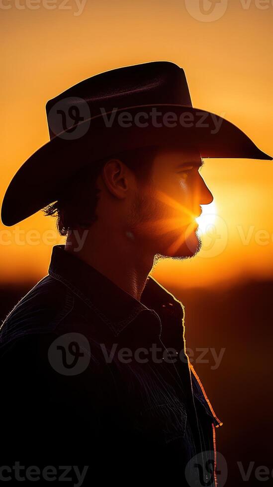 Cowboy silhouette against a vibrant sunset in the countryside, capturing a moment of tranquility and reflection photo