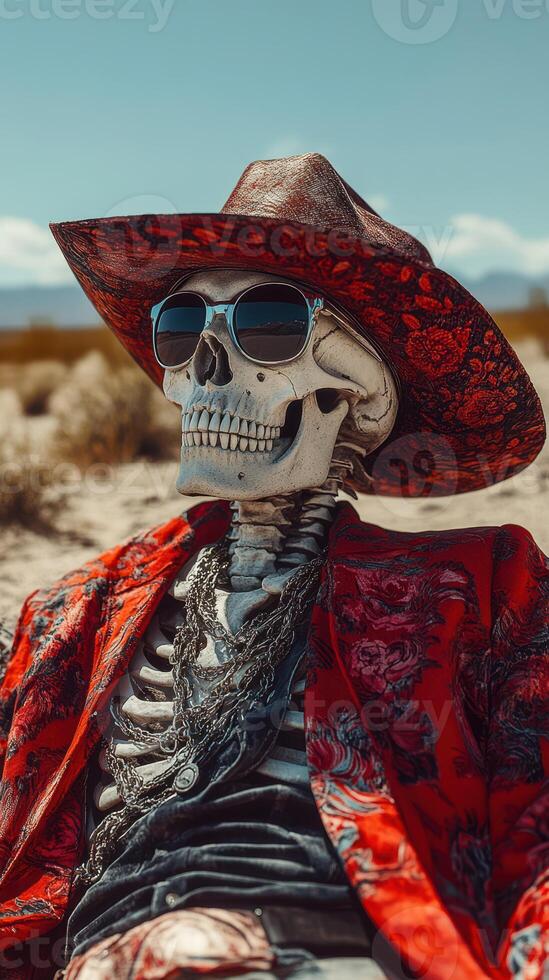 Skeleton in stylish red jacket and sunglasses enjoys a sunny day on the beach with a relaxed demeanor photo