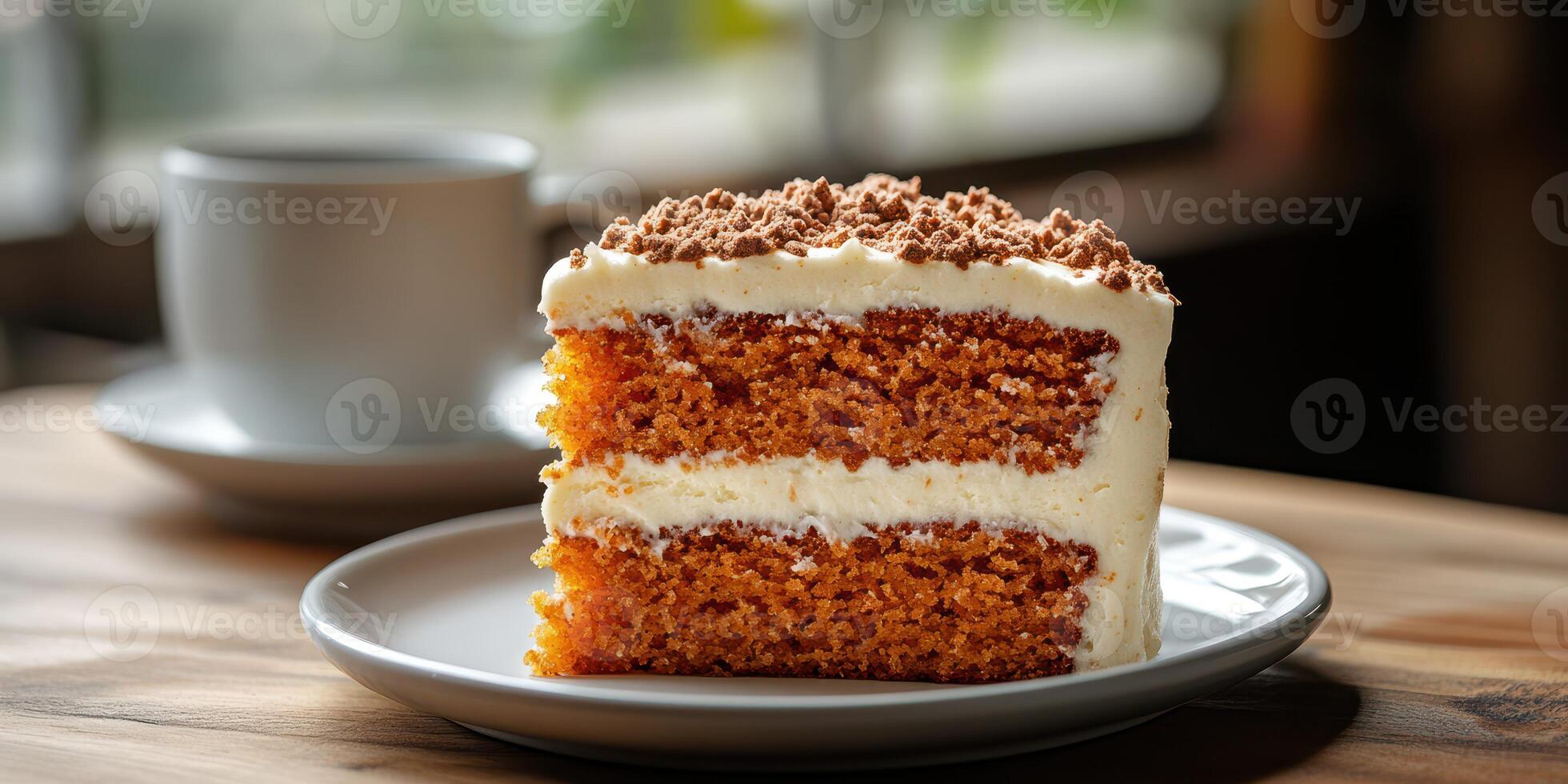 Delicious slice of moist carrot cake with cream frosting beside a cup of coffee in a cozy setting photo
