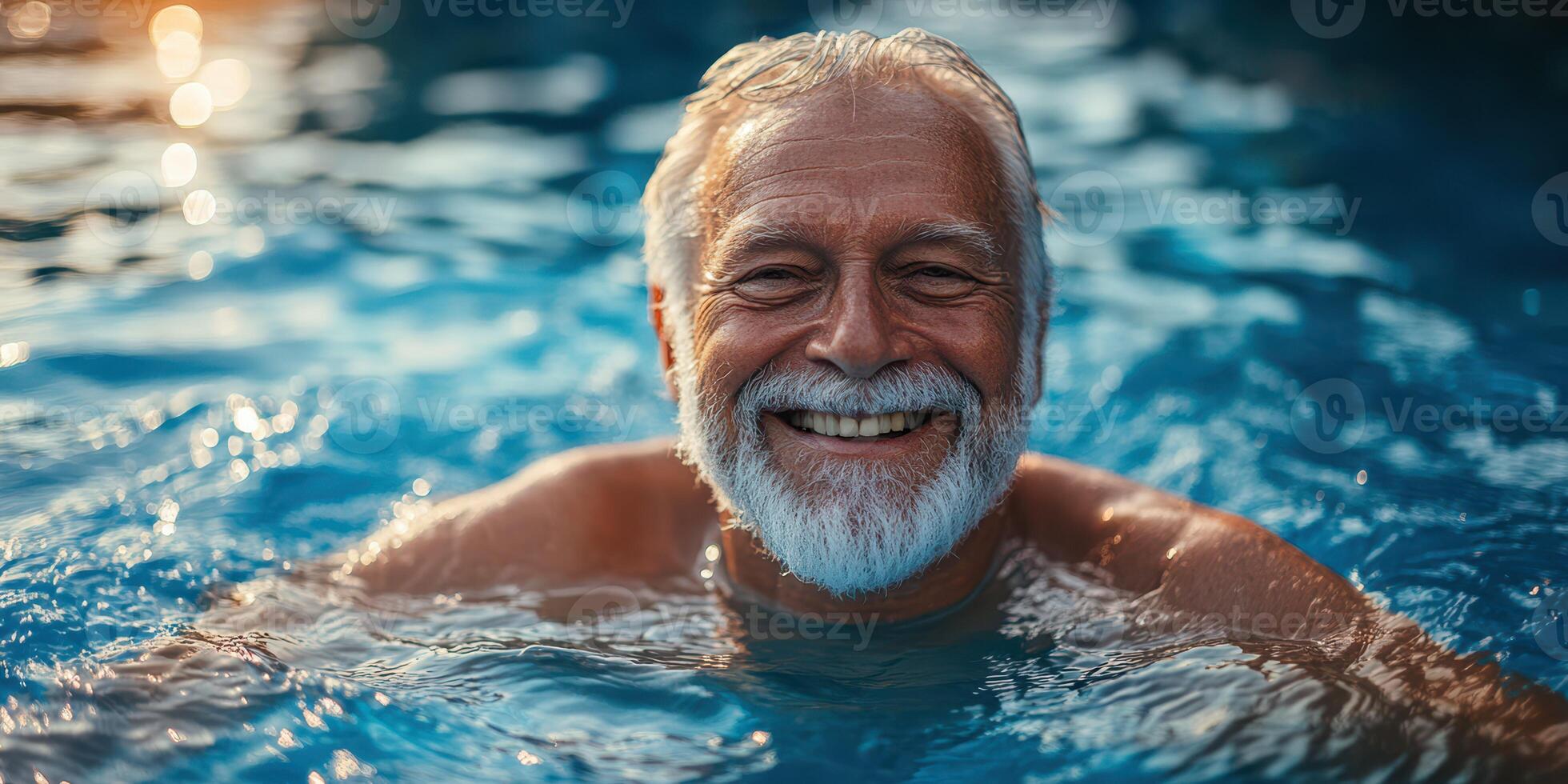 Elderly man enjoying a refreshing swim on a sunny day in a blue pool with vibrant water reflections photo