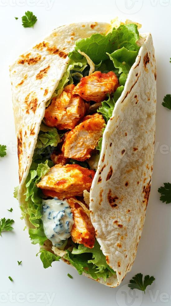 Grilled chicken wrap filled with fresh lettuce and creamy dressing served on a crisp tortilla photo