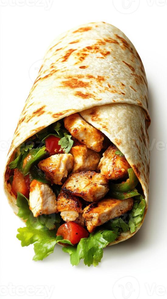 Grilled chicken wrap with fresh vegetables served in a soft tortilla photo