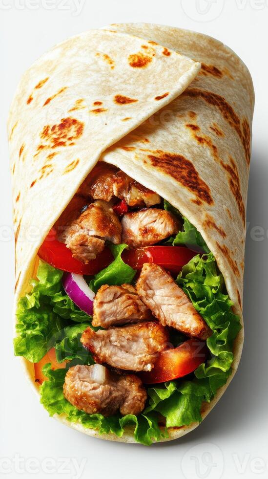 Delicious grilled meat wrap filled with fresh vegetables and wrapped in soft flatbread photo