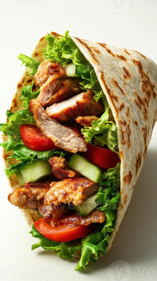Fresh grilled chicken wrap with lettuce, tomatoes, and cucumbers ready to enjoy for a healthy meal photo