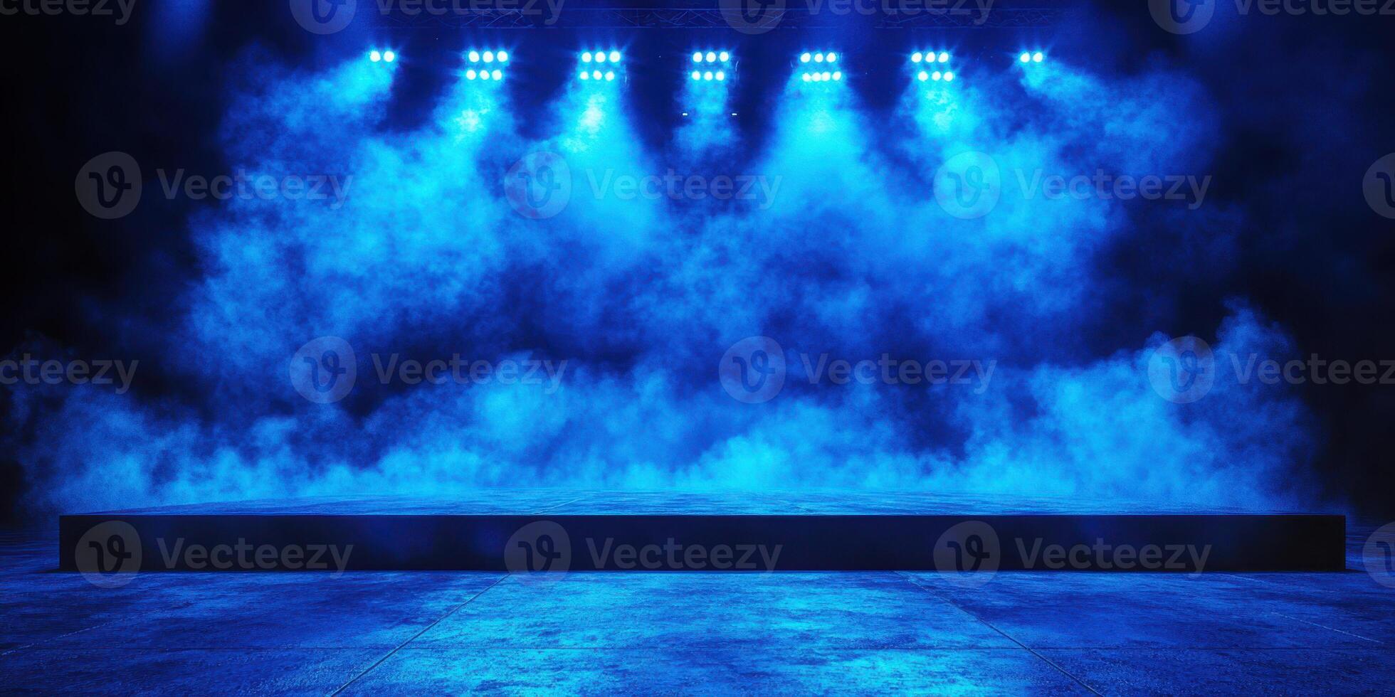 Blue stage illuminated by lights surrounded by fog creating a dramatic atmosphere for a performance or event photo