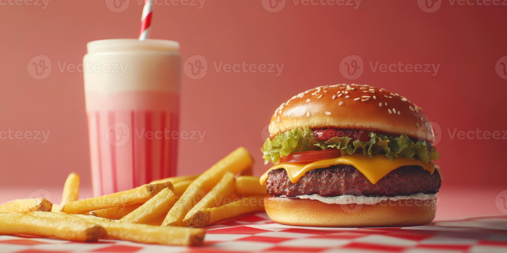 Juicy cheeseburger with lettuce, ketchup, and fries beside a pink milkshake in a dining setting photo